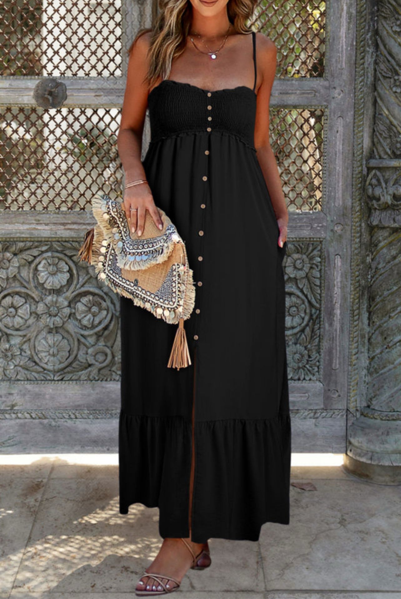 Black Front Buttoned Spaghetti Straps Long Dress