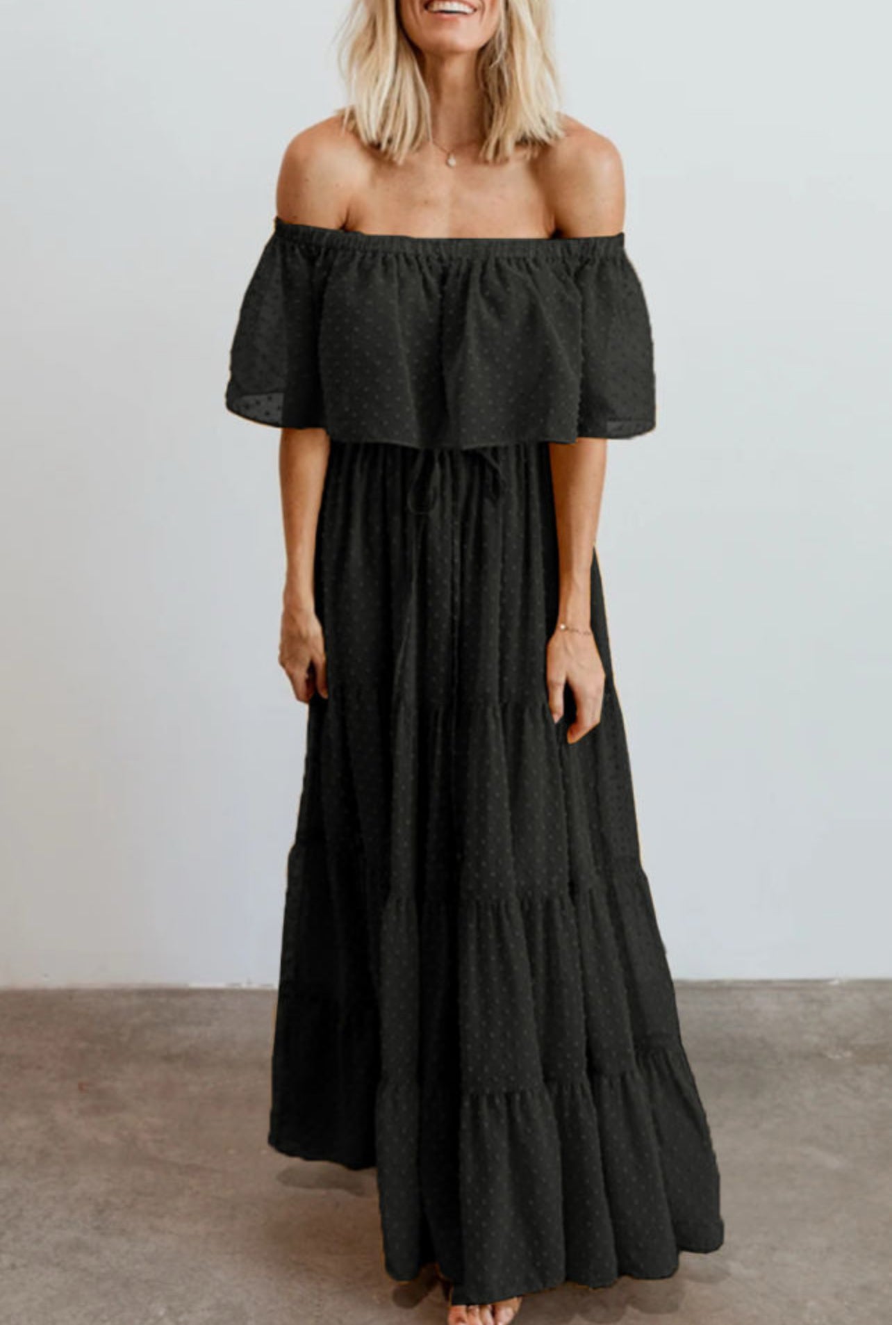 Black Alexa Off Shoulder Swiss Dot Long Dress