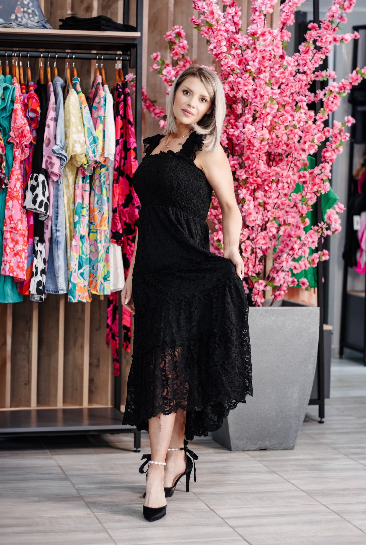 Black Rose Lace Midi Dress