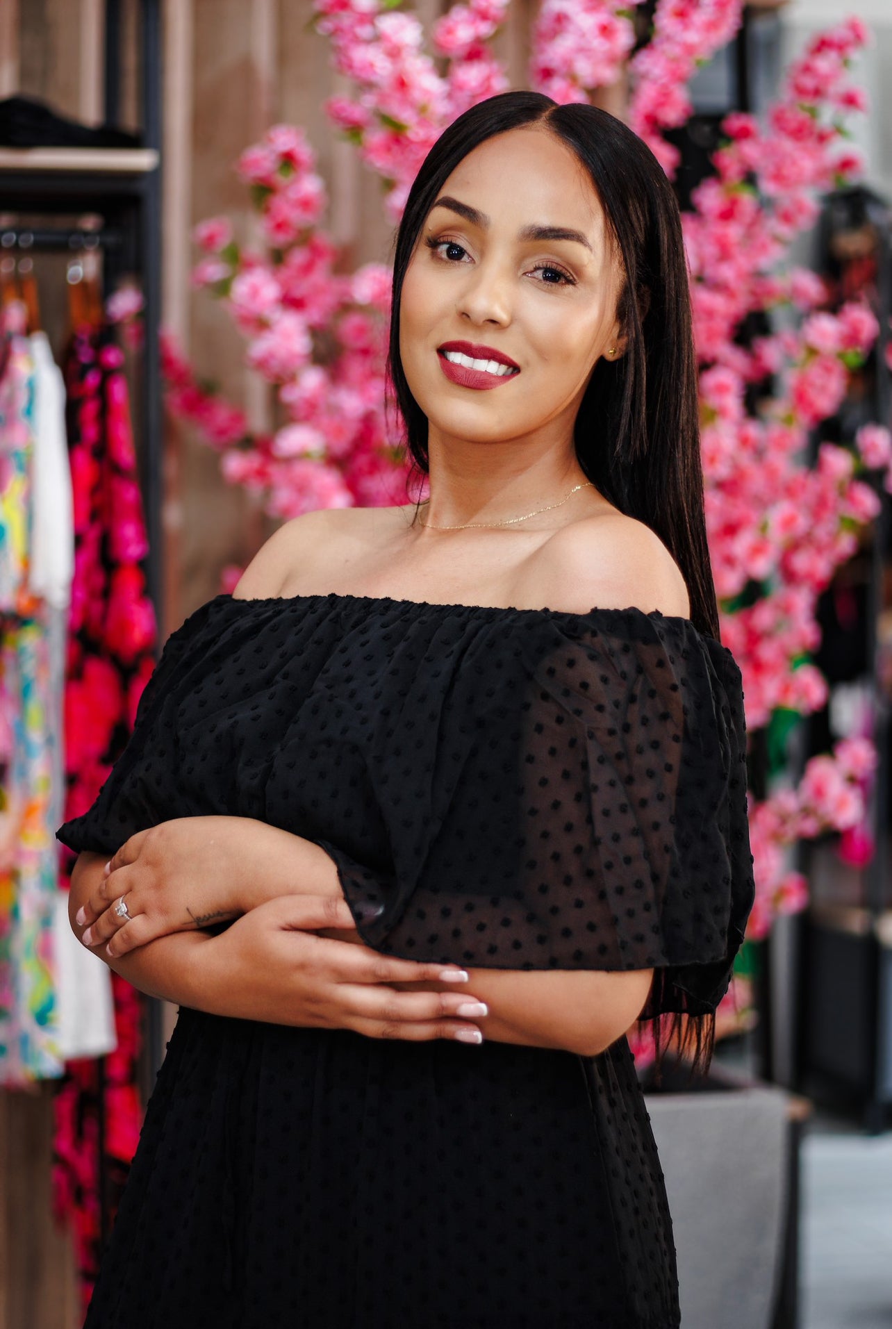Black Alexa Off Shoulder Swiss Dot Long Dress