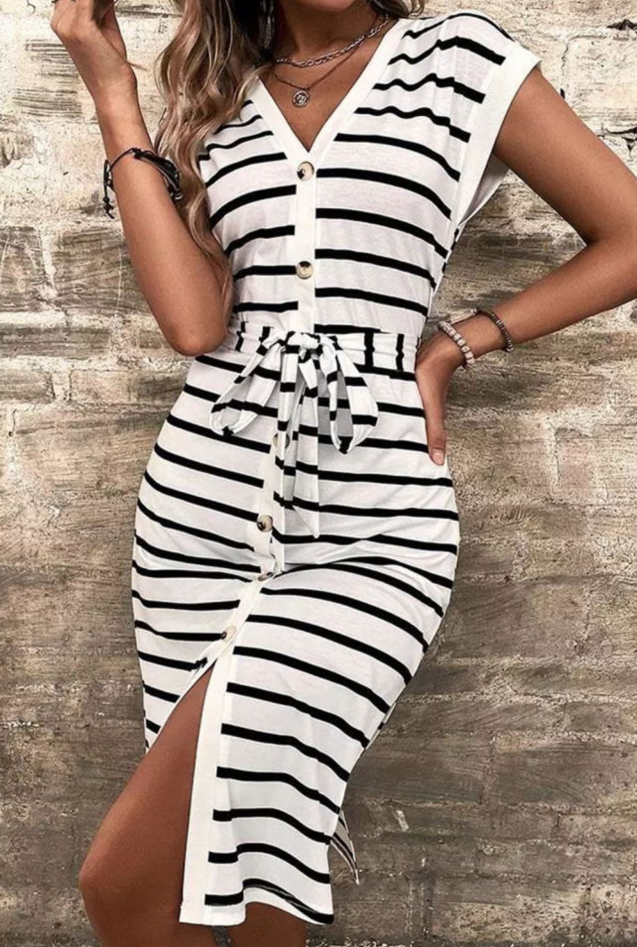 Black & White Striped Button V-Neck Midi Dress