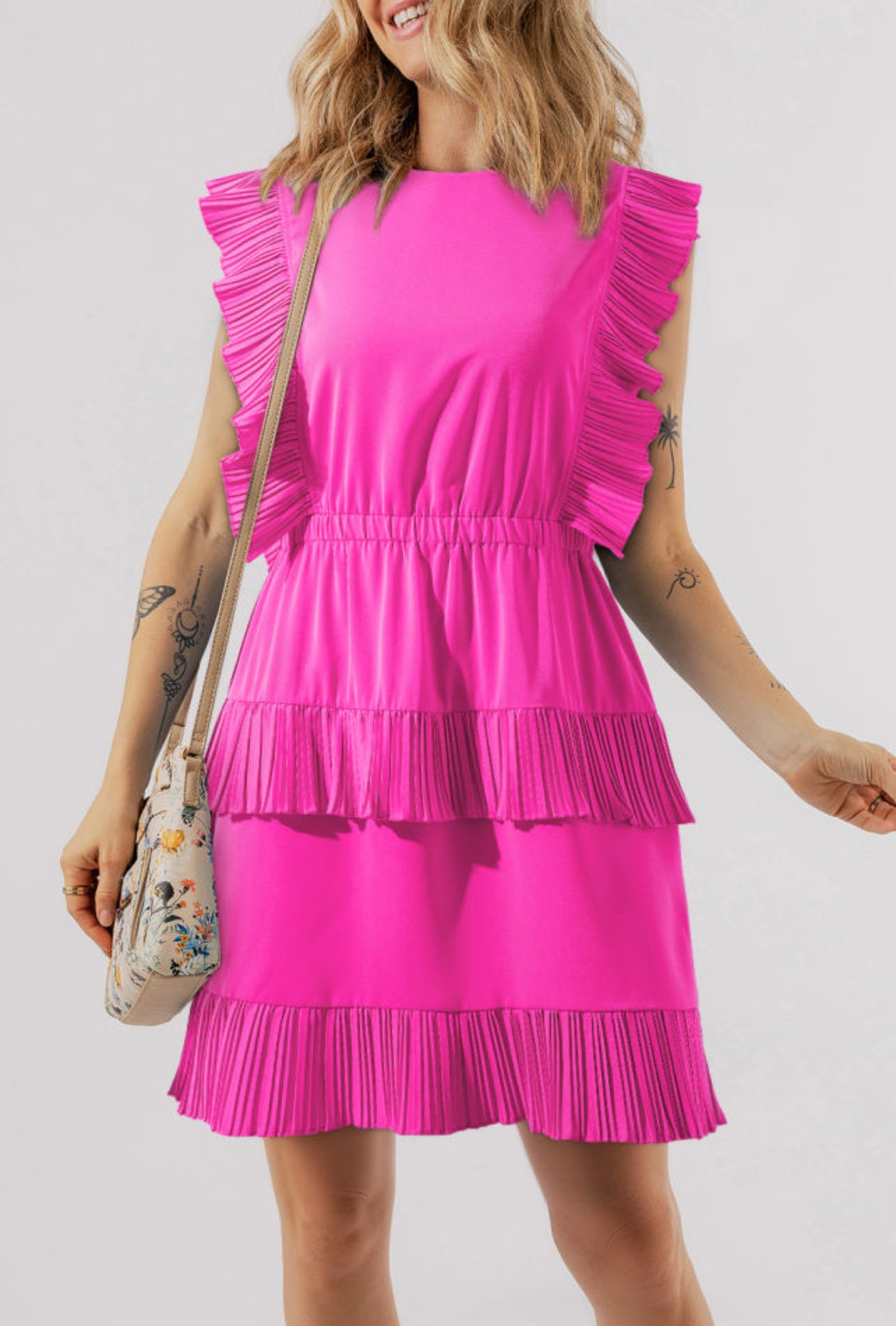 Magenta Layered Flutter Short Dress