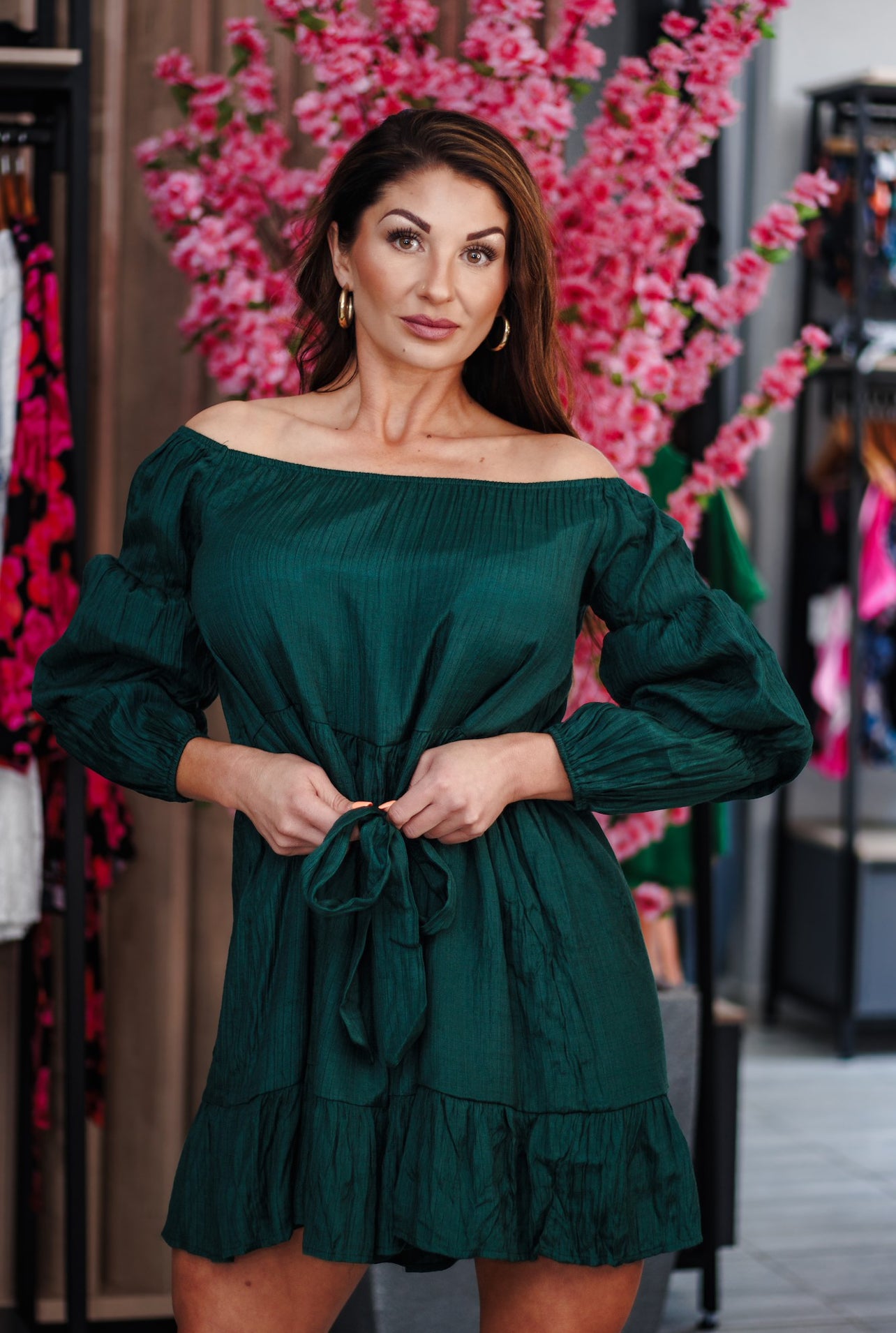 Evergreen Off-Shoulder Short Dress