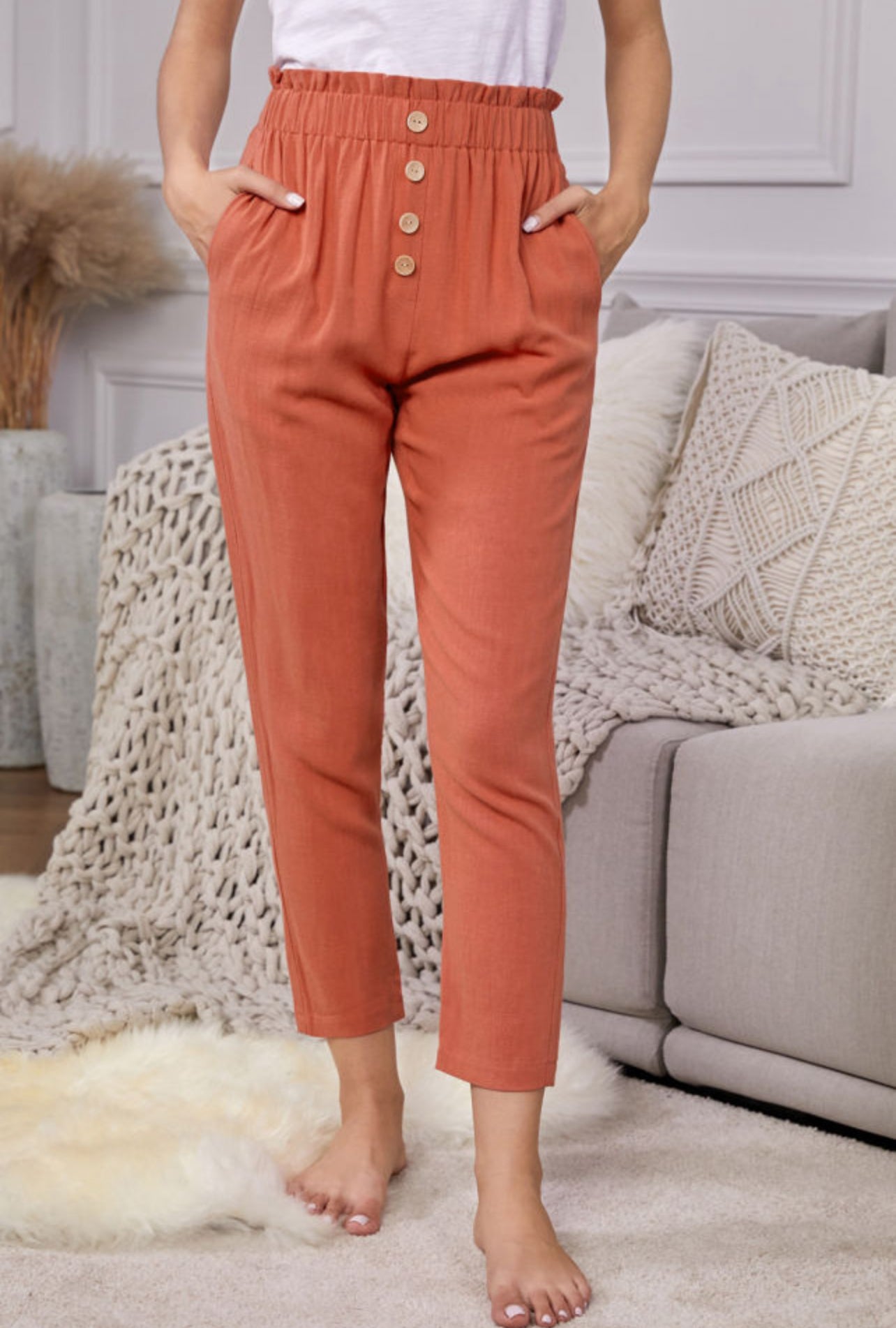 Orange Linen Pants With Pockets