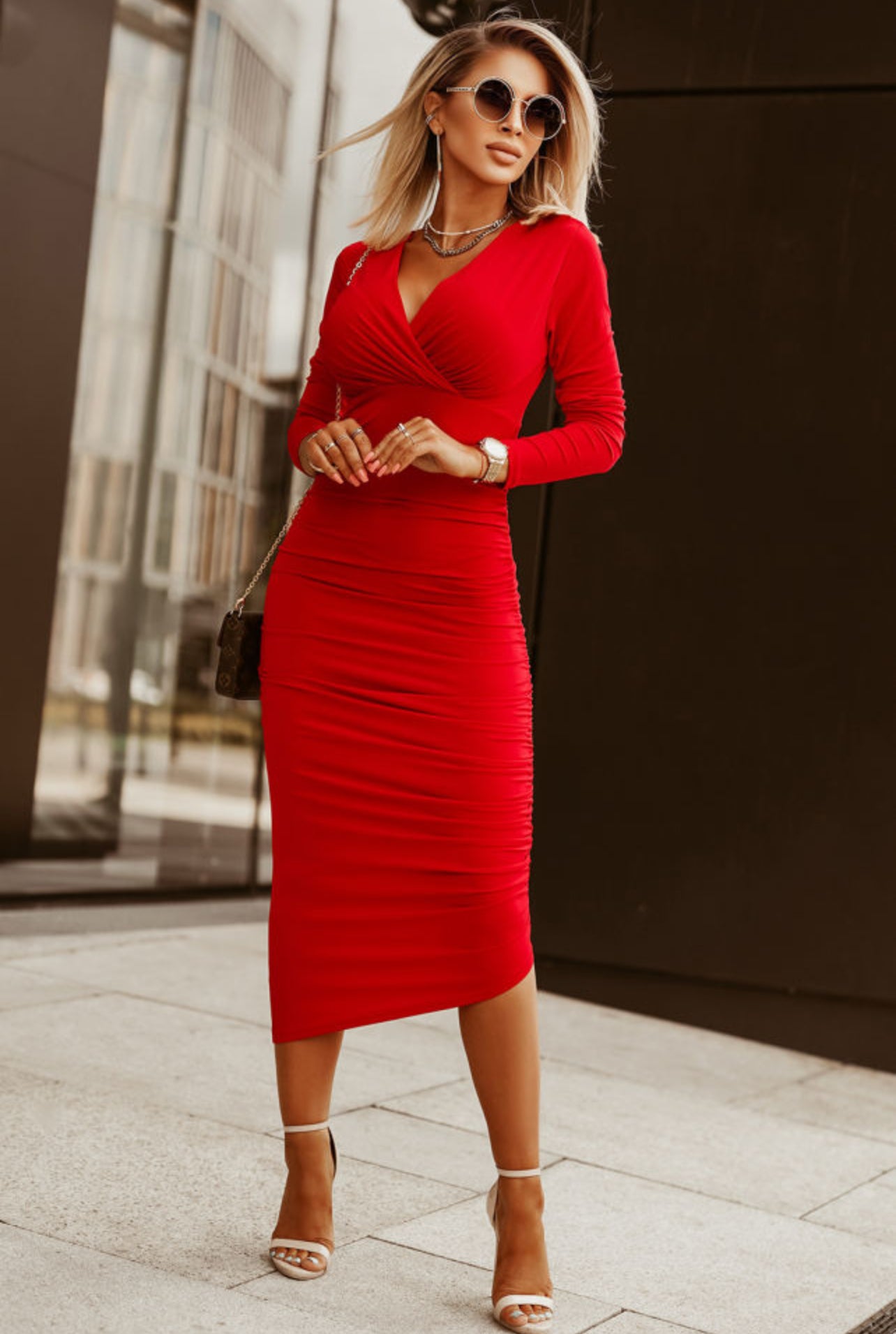 Fierce Red Long Sleeve Bodycon Midi Dress