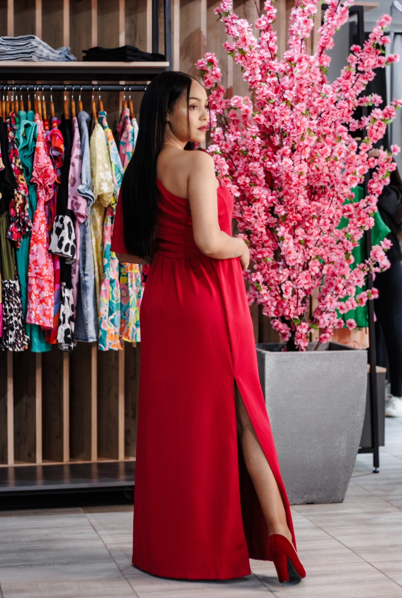 Burgundy Ruffle One Shoulder Long Dress with Slit