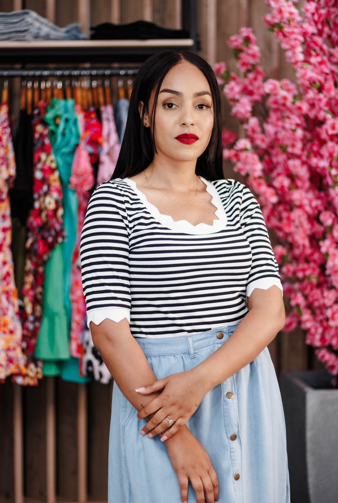 Monochrome Striped Scallop Trim Top
