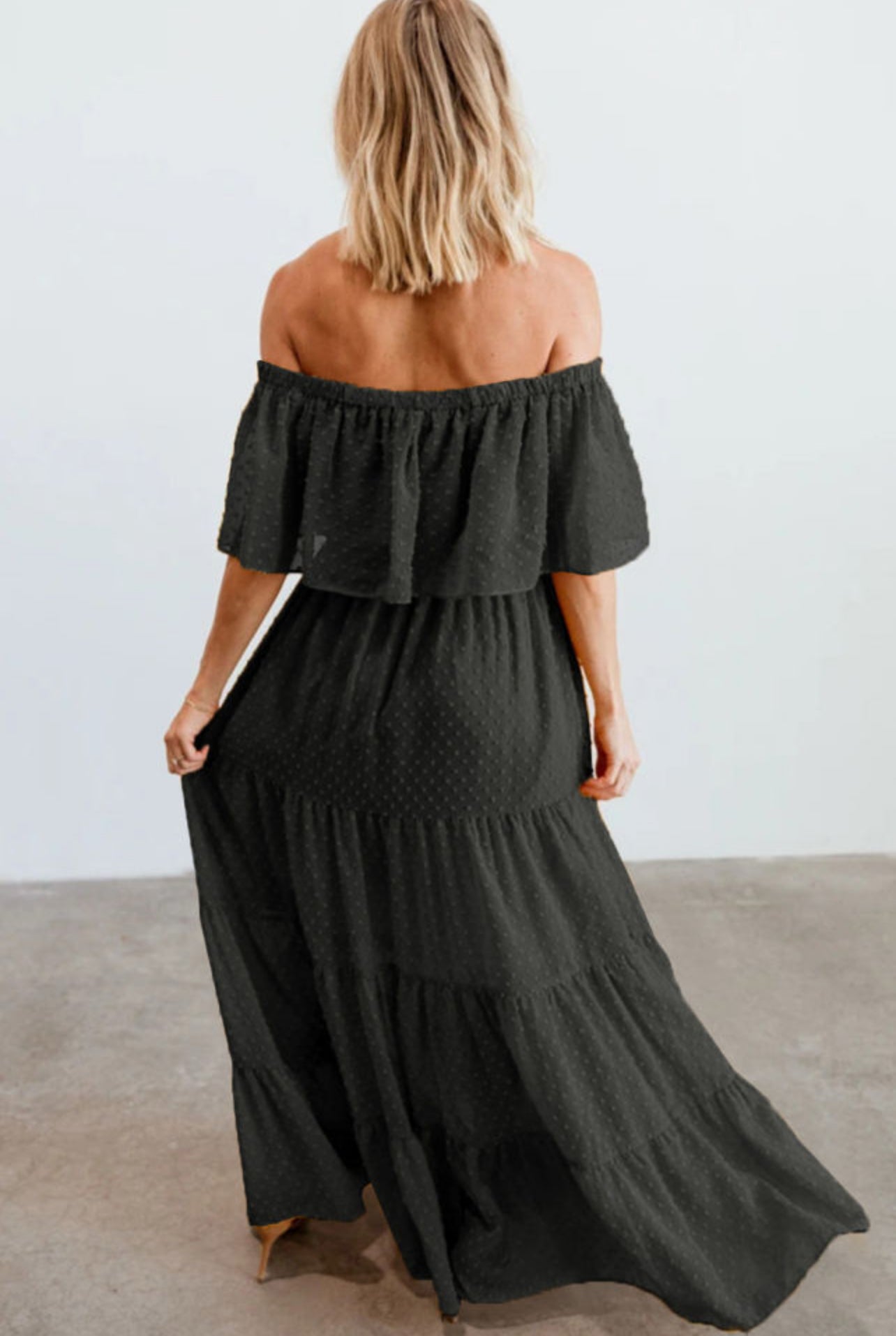 Black Alexa Off Shoulder Swiss Dot Long Dress