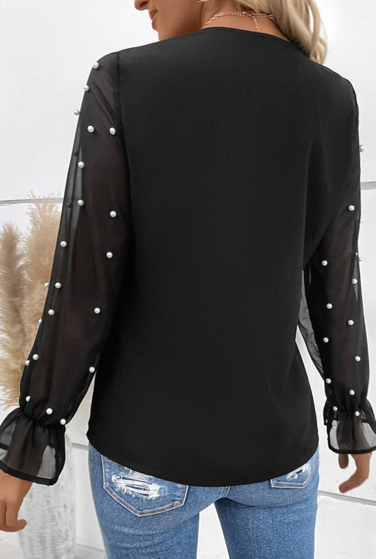 Black Mesh Pearls Long Sleeve Blouse