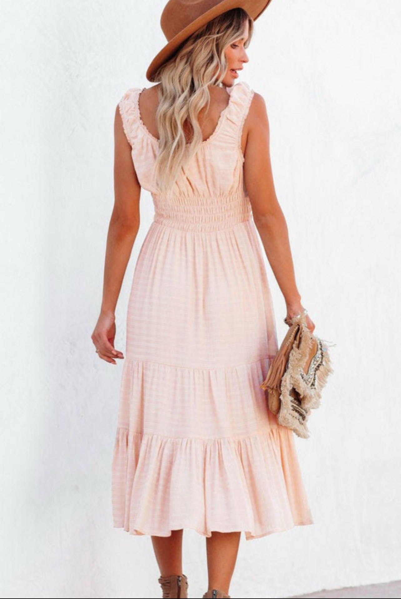 Peach Sleeveless High Waist Midi Dress