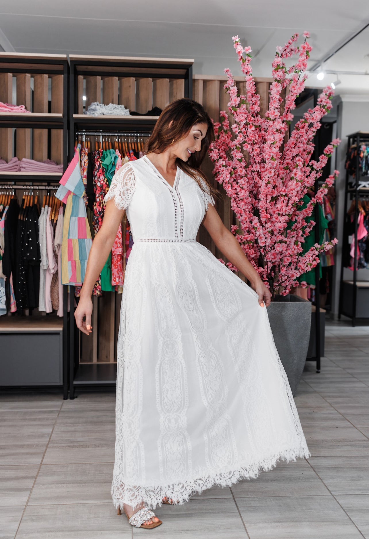 White Lace Dot Long Dress