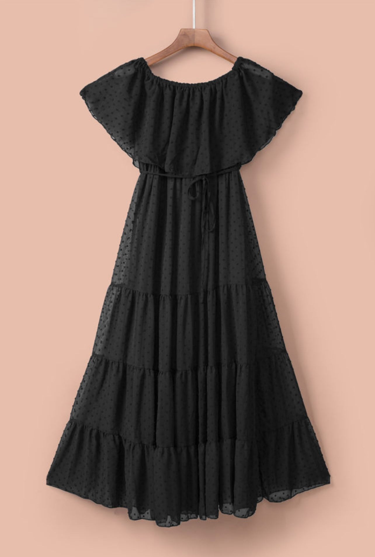 Black Alexa Off Shoulder Swiss Dot Long Dress