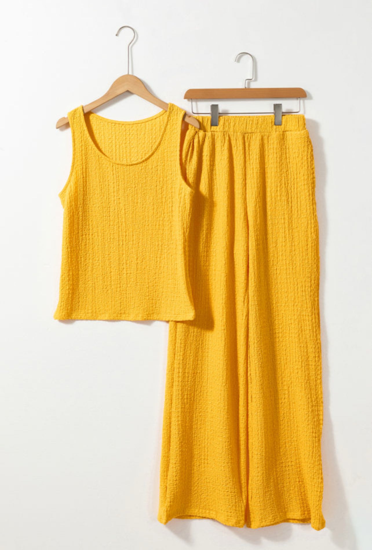 Yellow Crinkled Tank Top and Wide Leg Pants Set