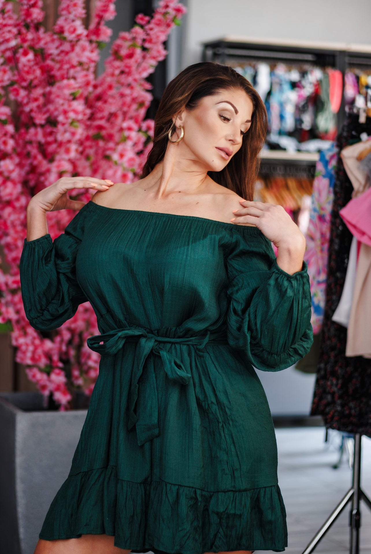 Evergreen Off-Shoulder Short Dress