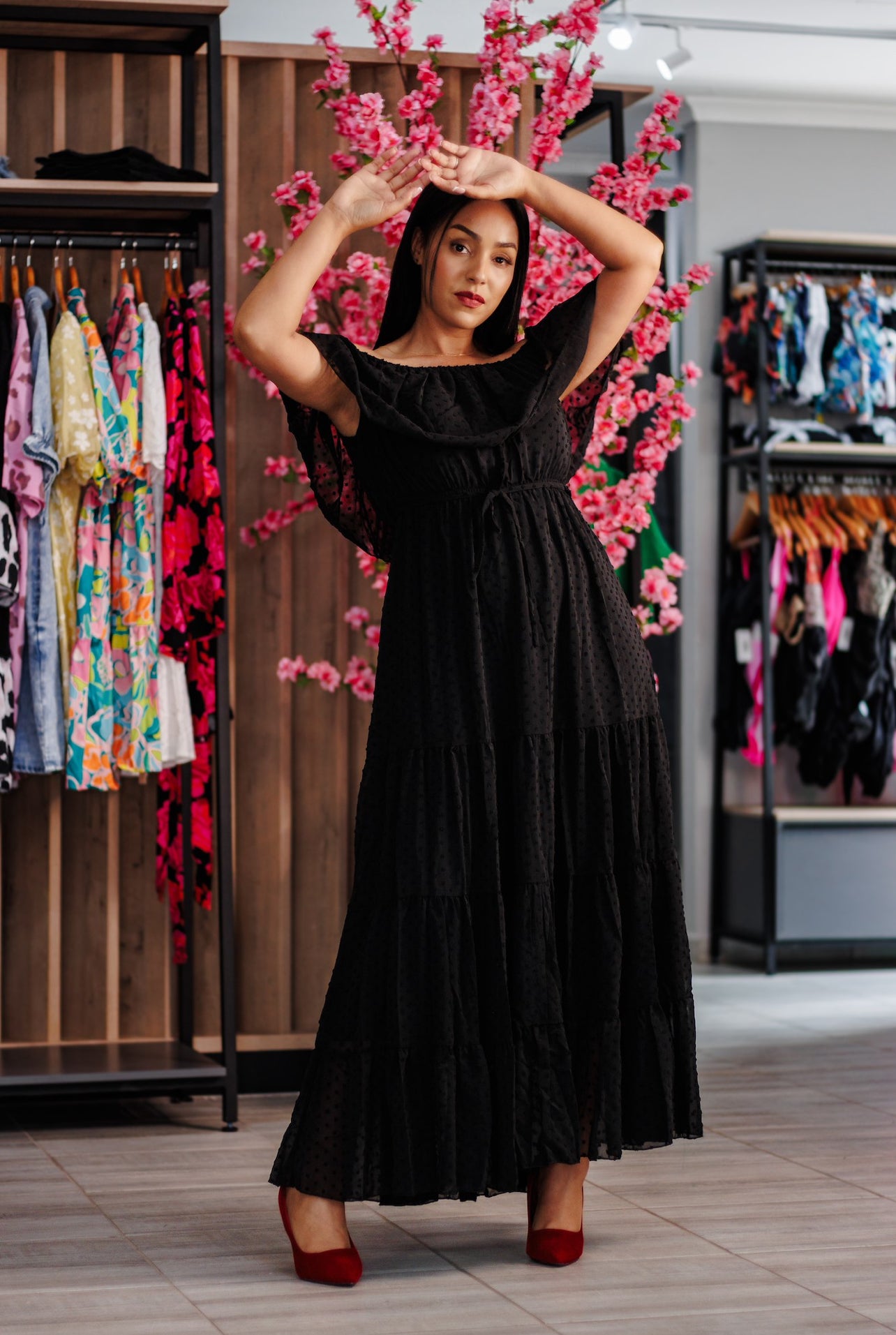 Black Alexa Off Shoulder Swiss Dot Long Dress