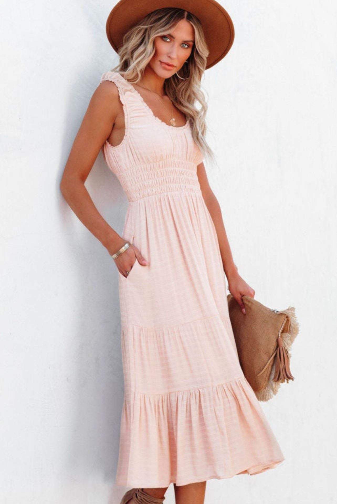 Peach Sleeveless High Waist Midi Dress