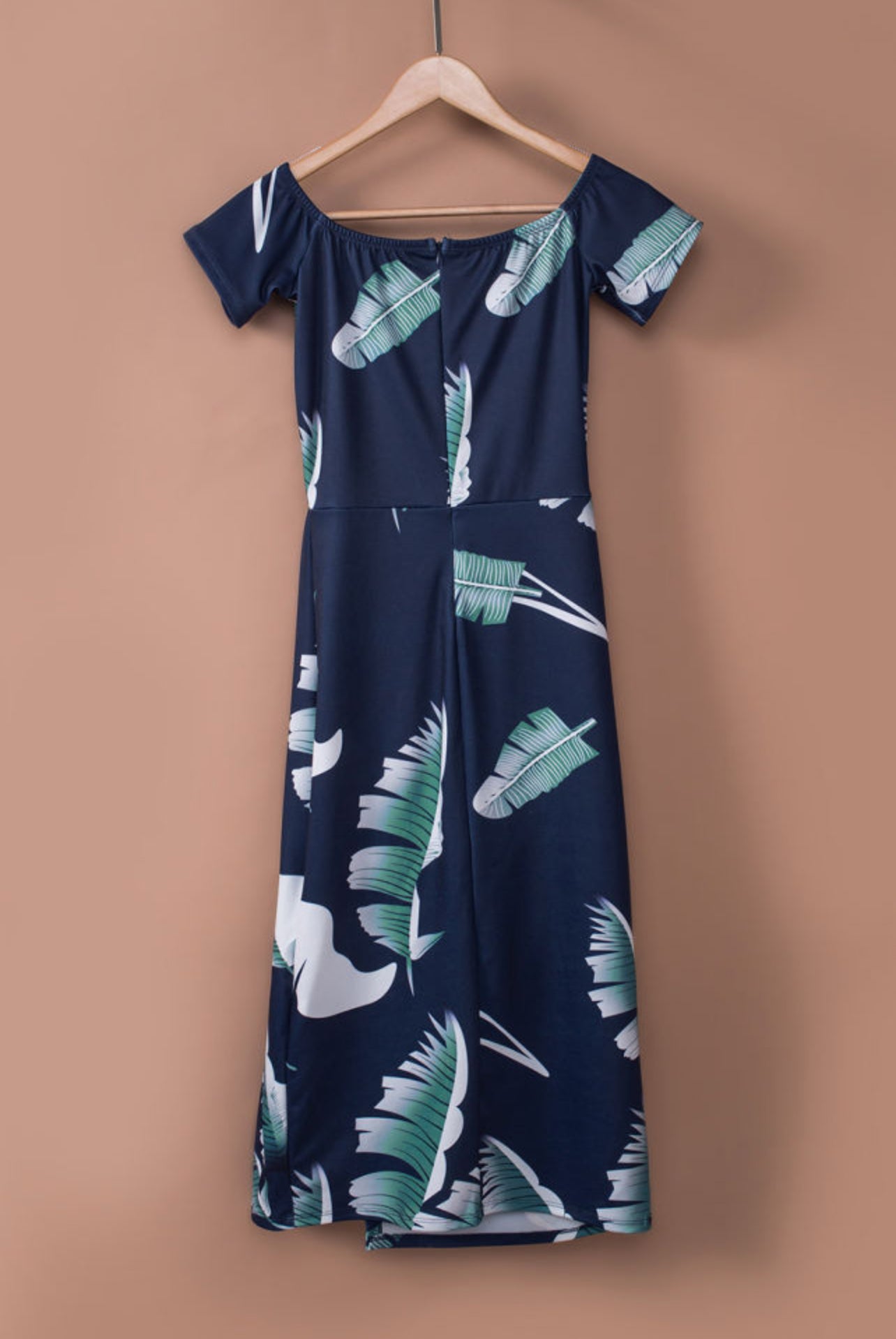 Royal Blue Palm Leave Print Off Sholder Midi Dress