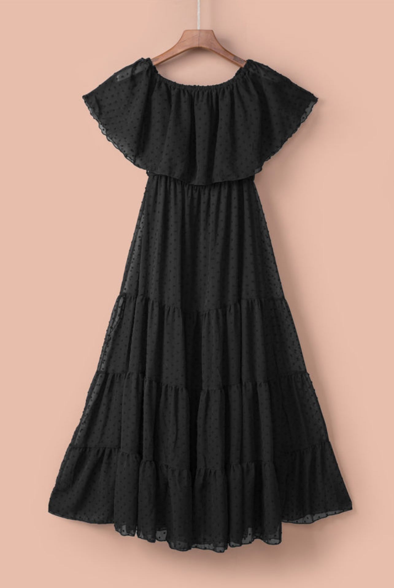 Black Alexa Off Shoulder Swiss Dot Long Dress