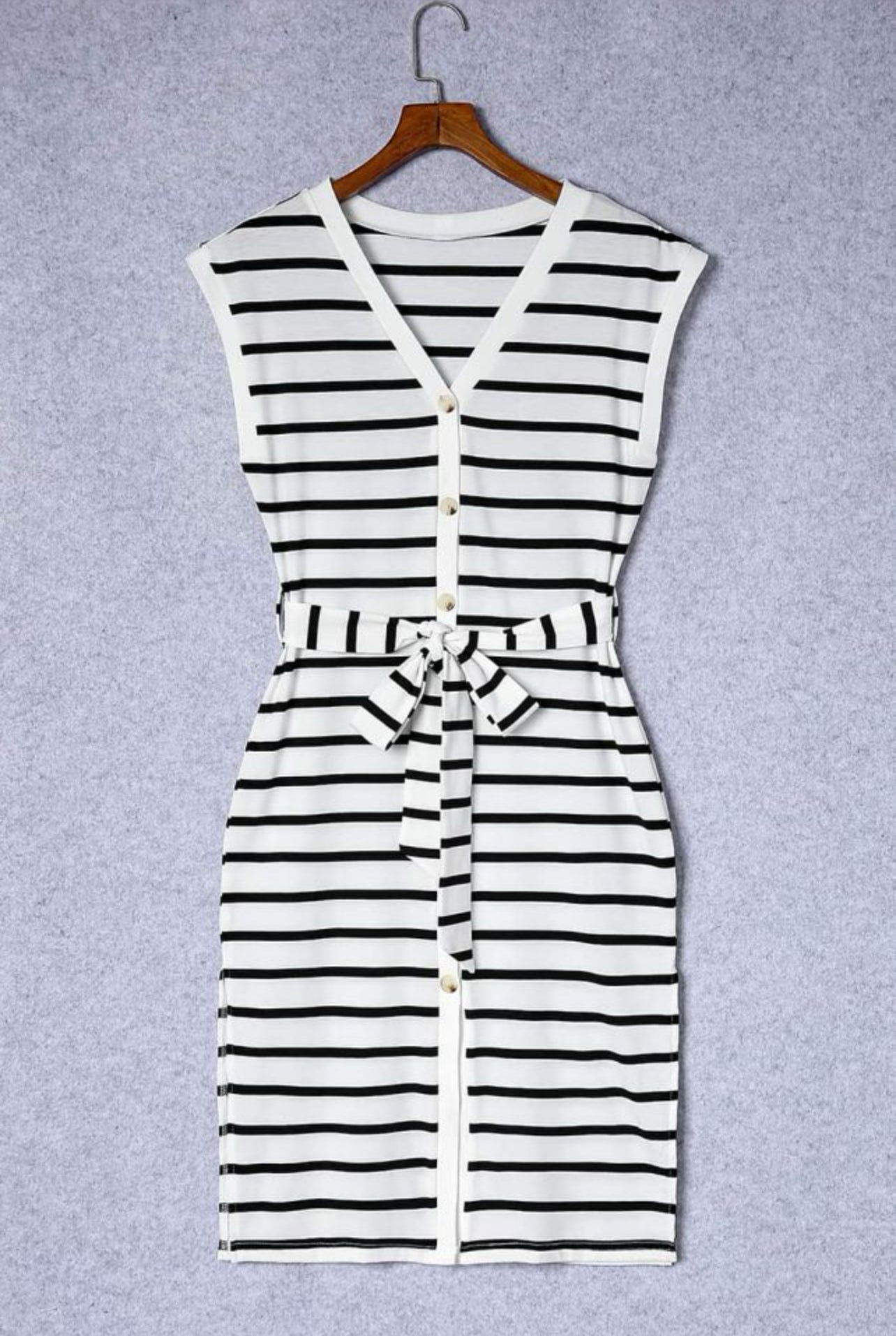 Black & White Striped Button V-Neck Midi Dress