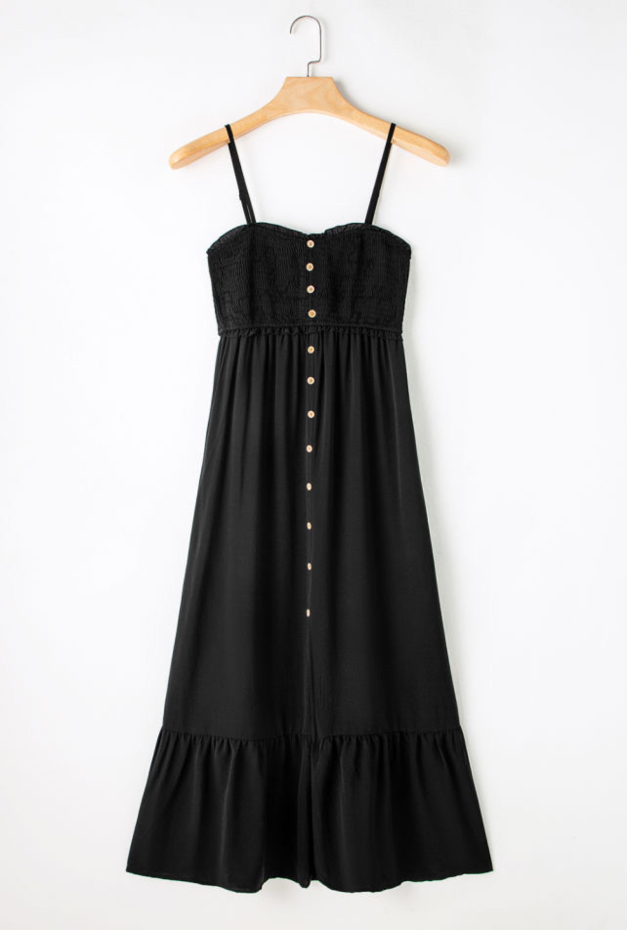 Black Front Buttoned Spaghetti Straps Long Dress