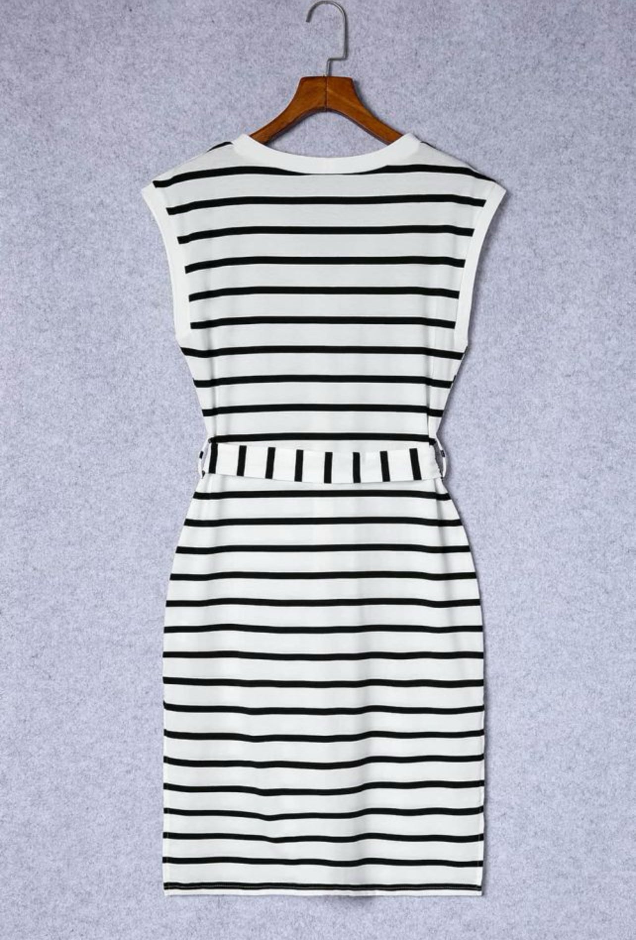 Black & White Striped Button V-Neck Midi Dress
