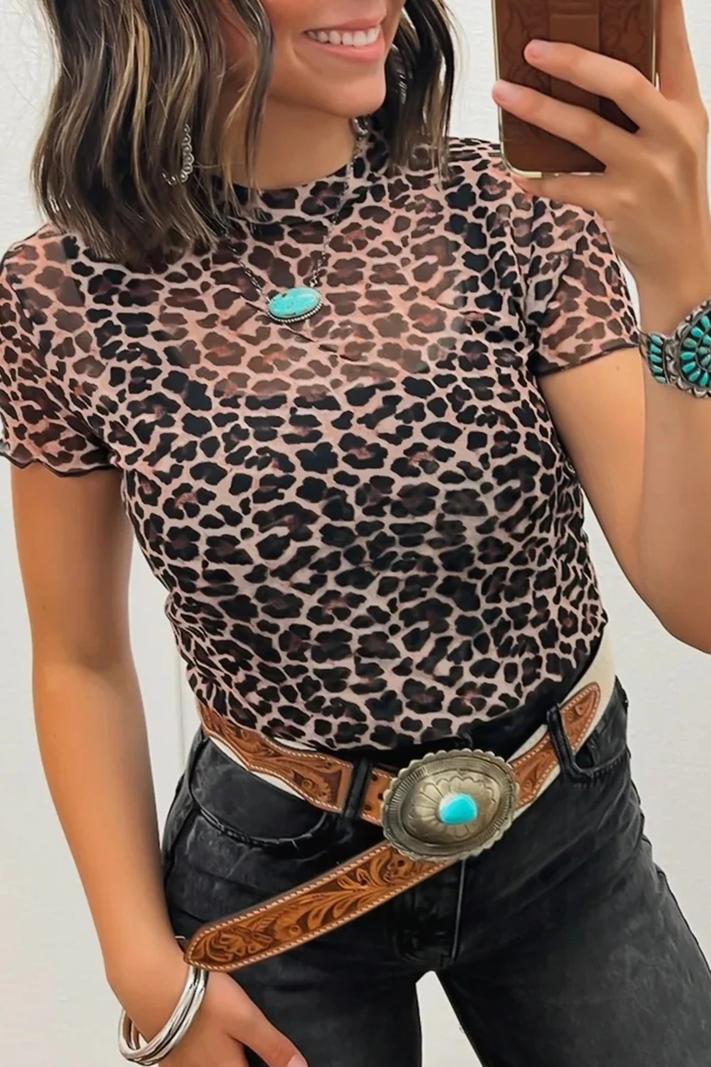 Kennedy Sheer Mesh Leopard Print Top