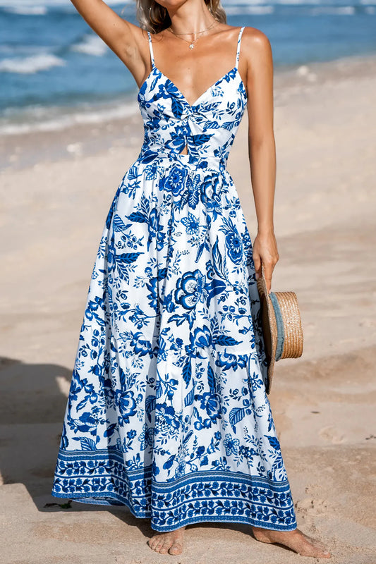 Ocean Blossom Twisted Bust Spaghetti Strap Maxi Dress