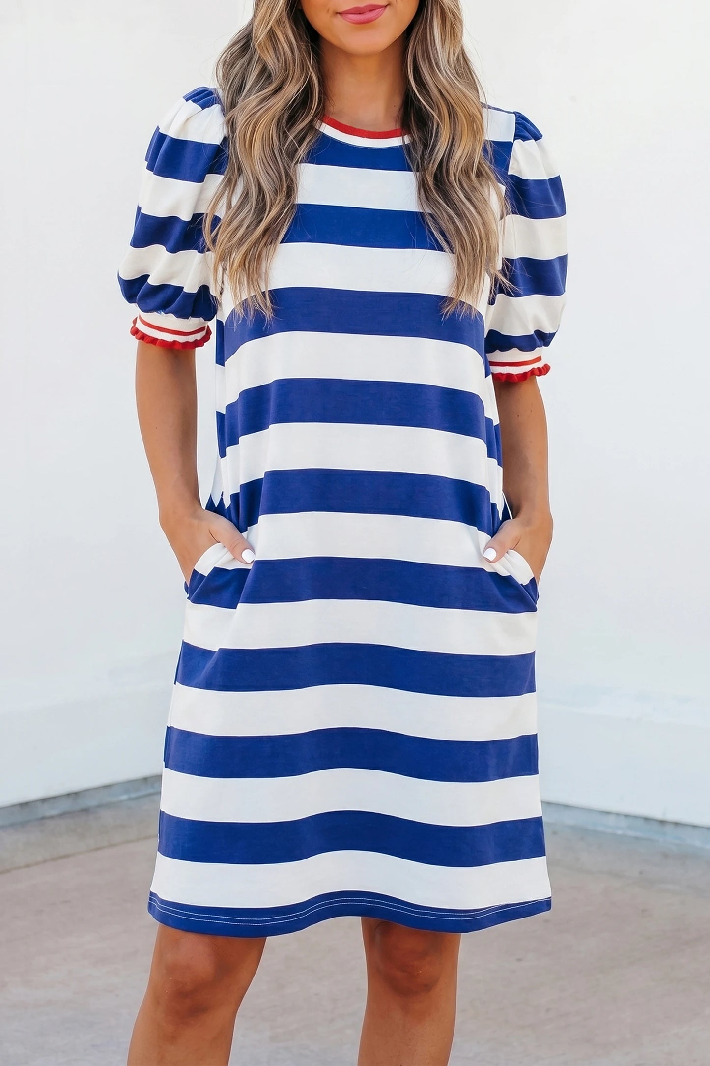 Seaside Stripe Puff Sleeve Short Dress