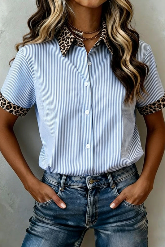 Bluebell Leopard Contrast Collar Short Sleeve Shirt