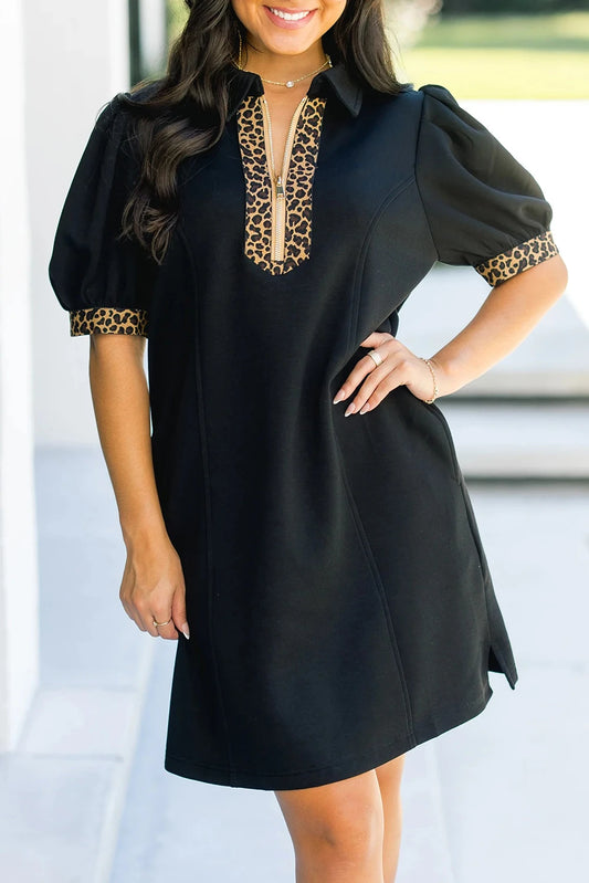 Onyx Chic Leopard Zip Collared Puff Sleeve Short Dress