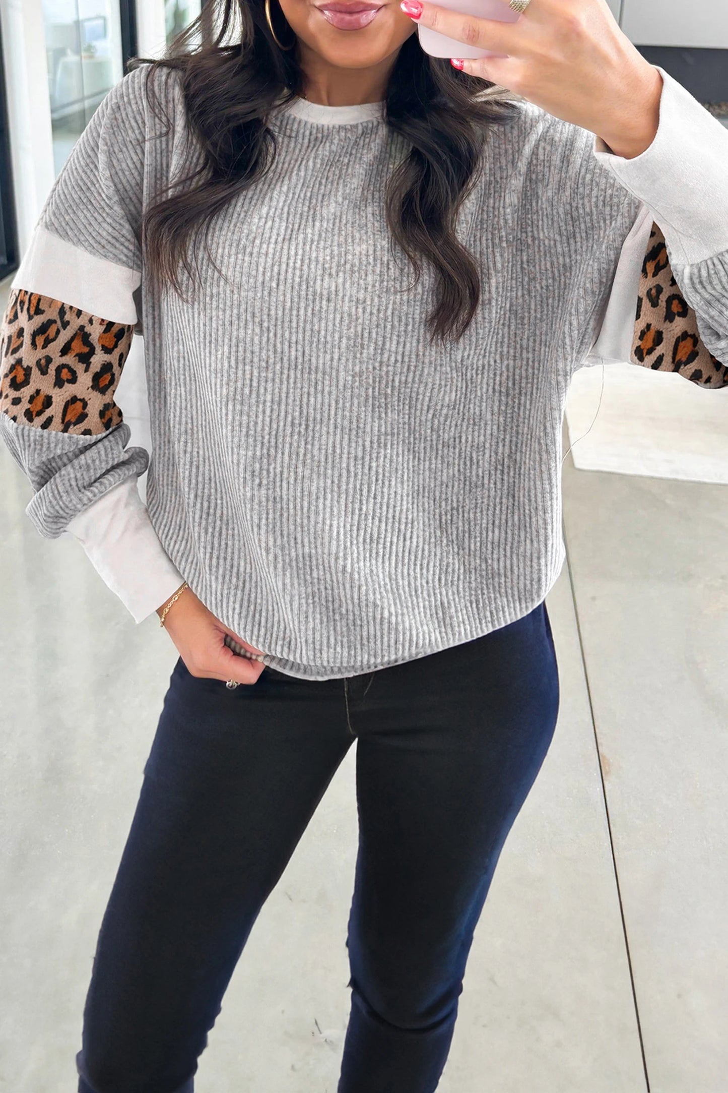 Heather Grey Leopard Print Ribbed Knit Top