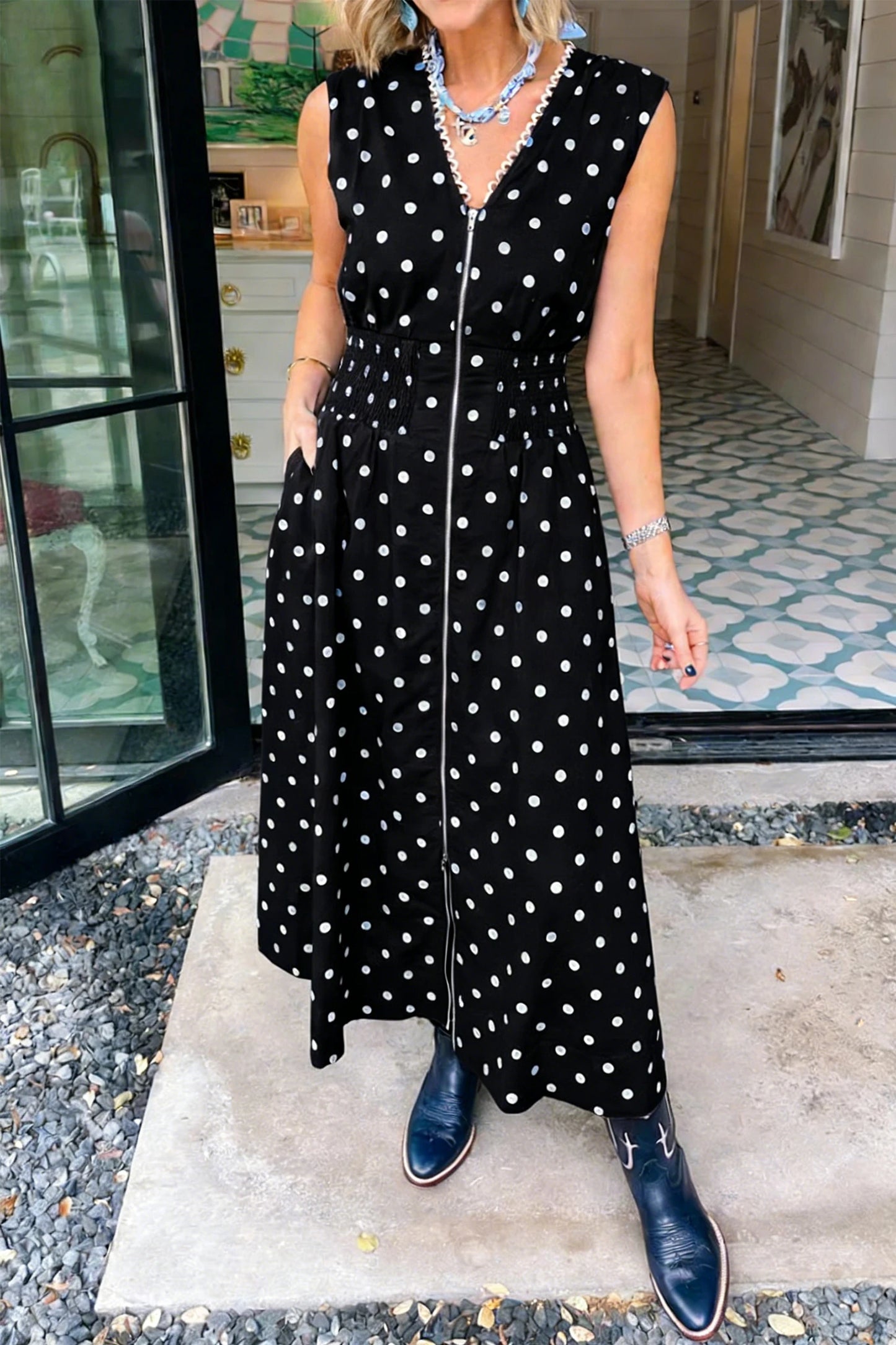 Vintage Grace Black Polka Dot Sleeveless Maxi Dress