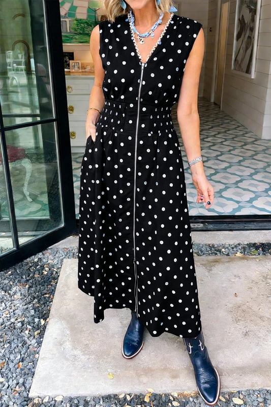 Vintage Grace Black Polka Dot Sleeveless Maxi Dress