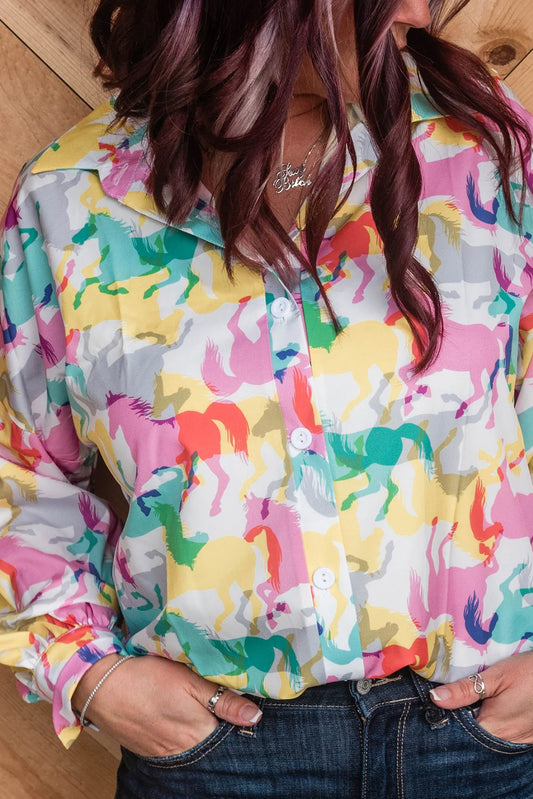 Penelope Colorful Horse Print Long Sleeve Shirt