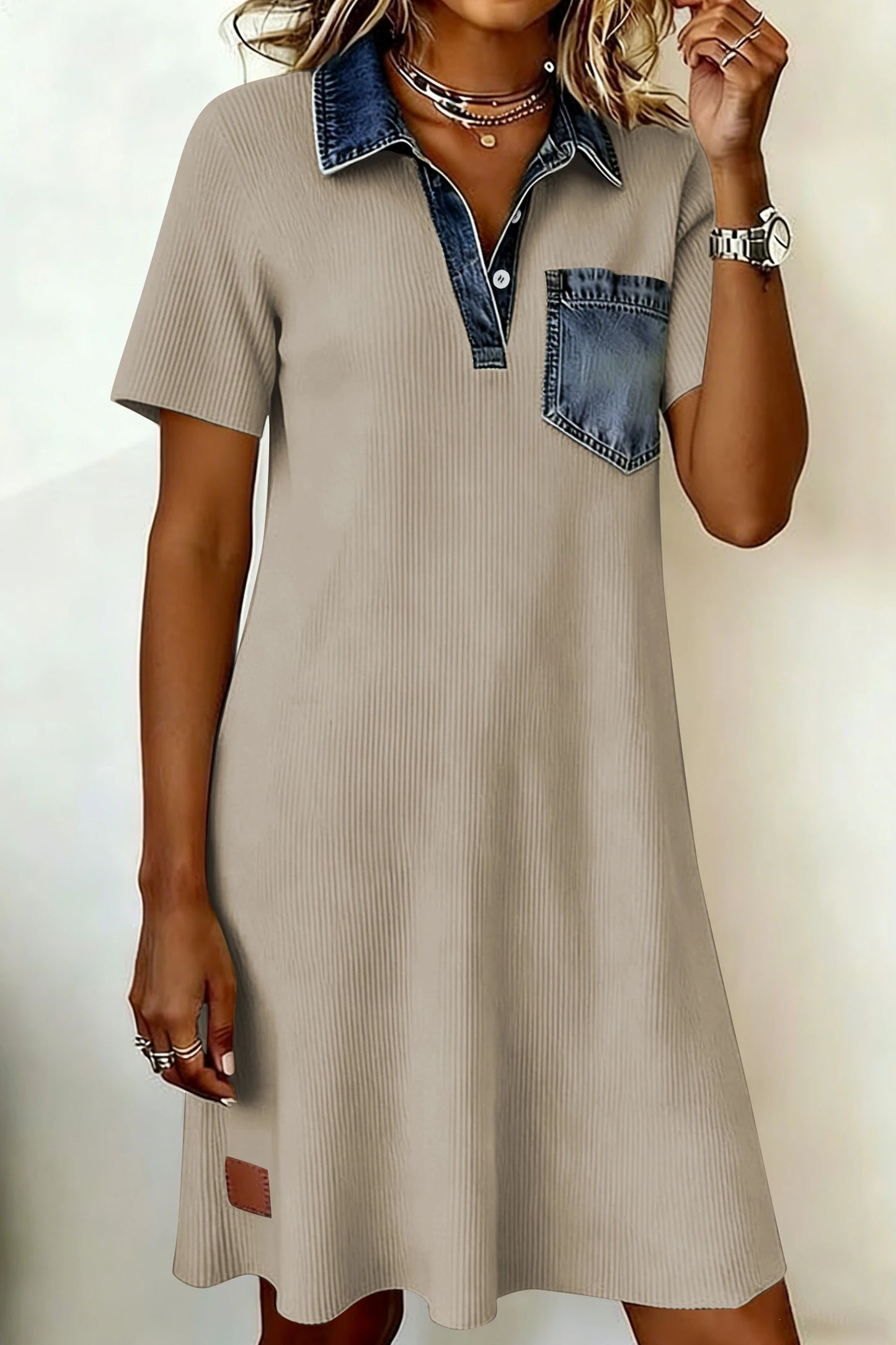 Everly Denim Pacthwork Polo Collar Short Dress