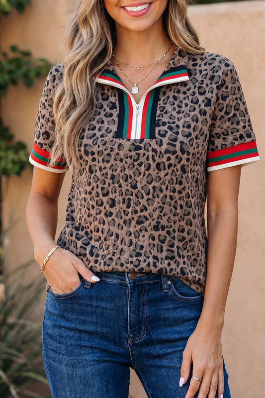 Monaco Brown Leopard Half Zip Short Sleeve Blouse