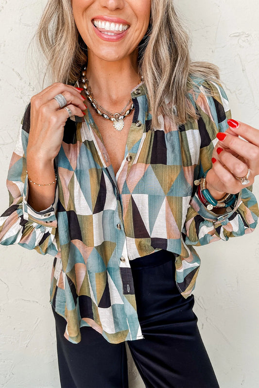 Mosaic Muse Button Balloon Sleeve Shirt