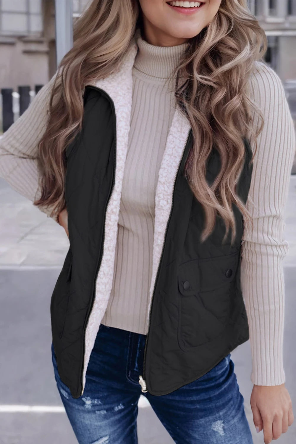 Cozy Cabin Fleece Lined Quilted Black Vest