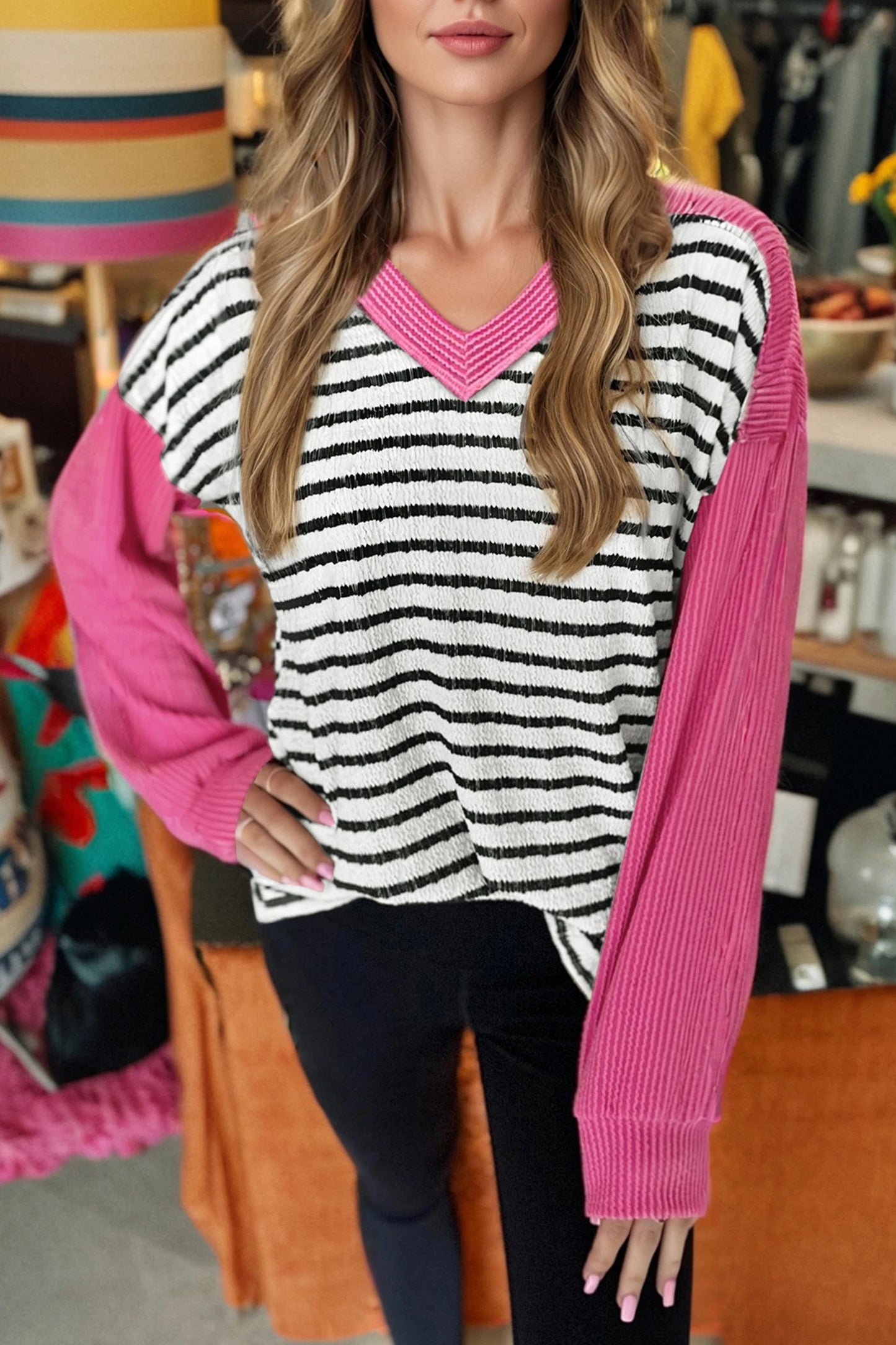 Sweet Escape Stripe Textured Long Sleeve Top