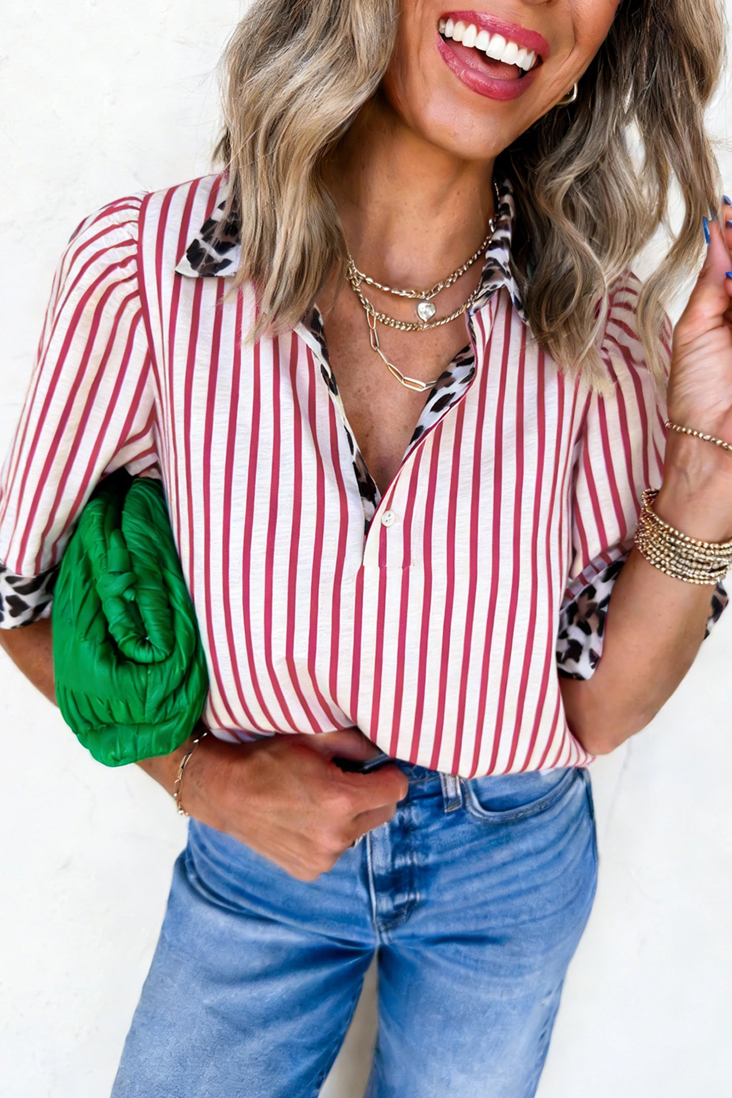 Palm Beach Half Button Leopard Contrast Blouse