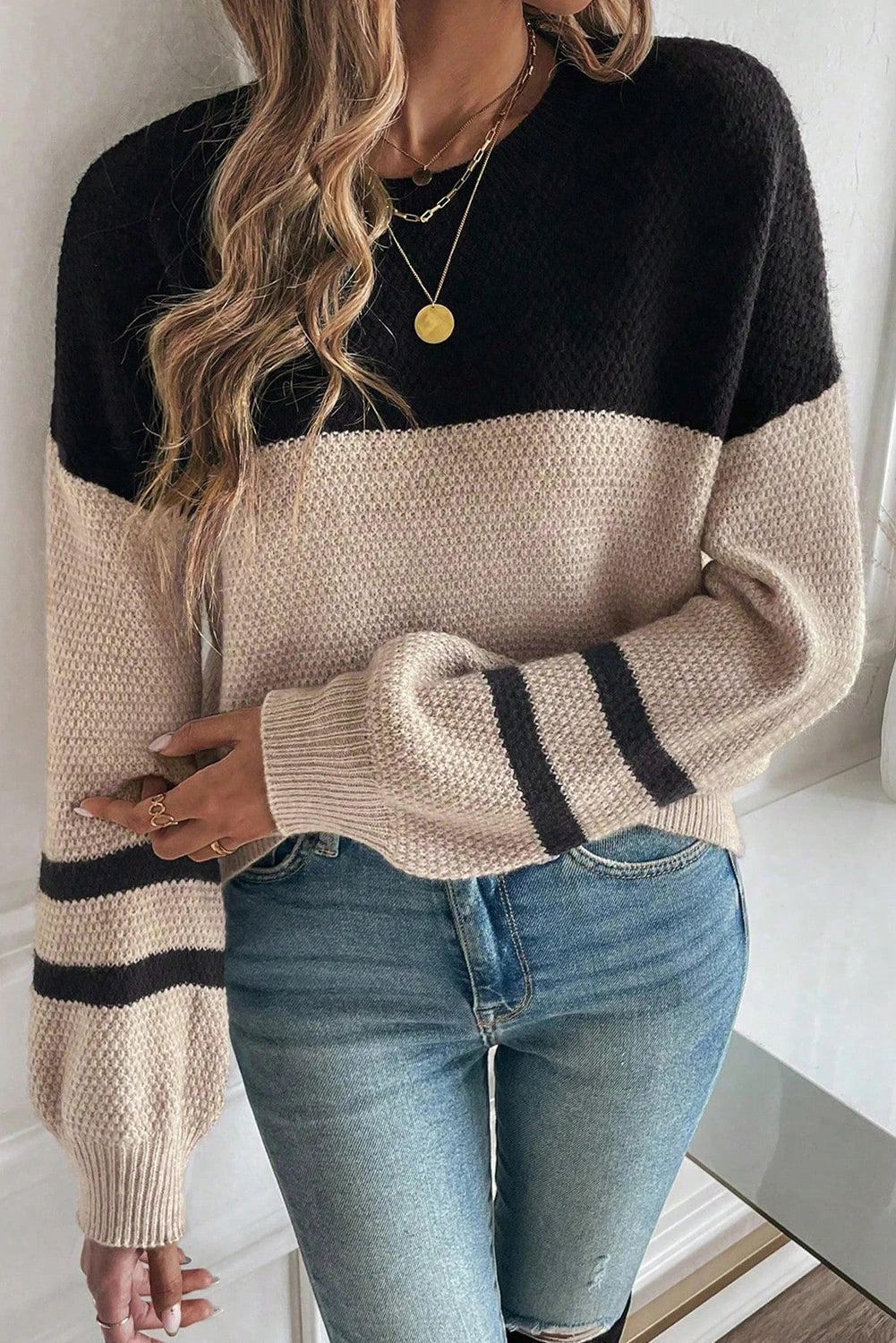 Manhattan Colorblock Knit Striped Sleeve Sweater