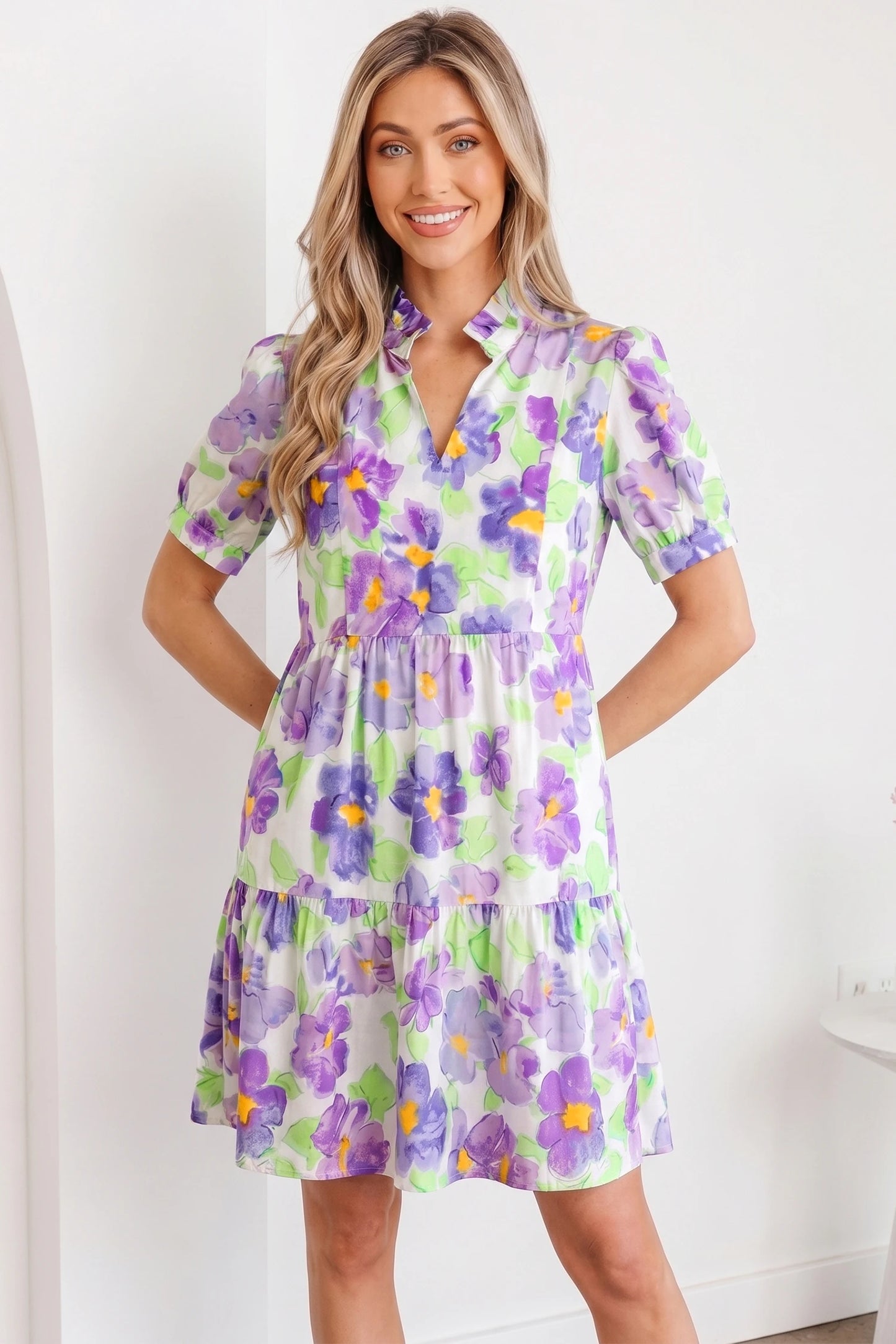 Lavender Bloom Tiered Floral Short Dress