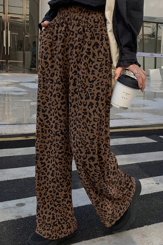 Palazzo Leopard Print High Waist Corduroy Pants