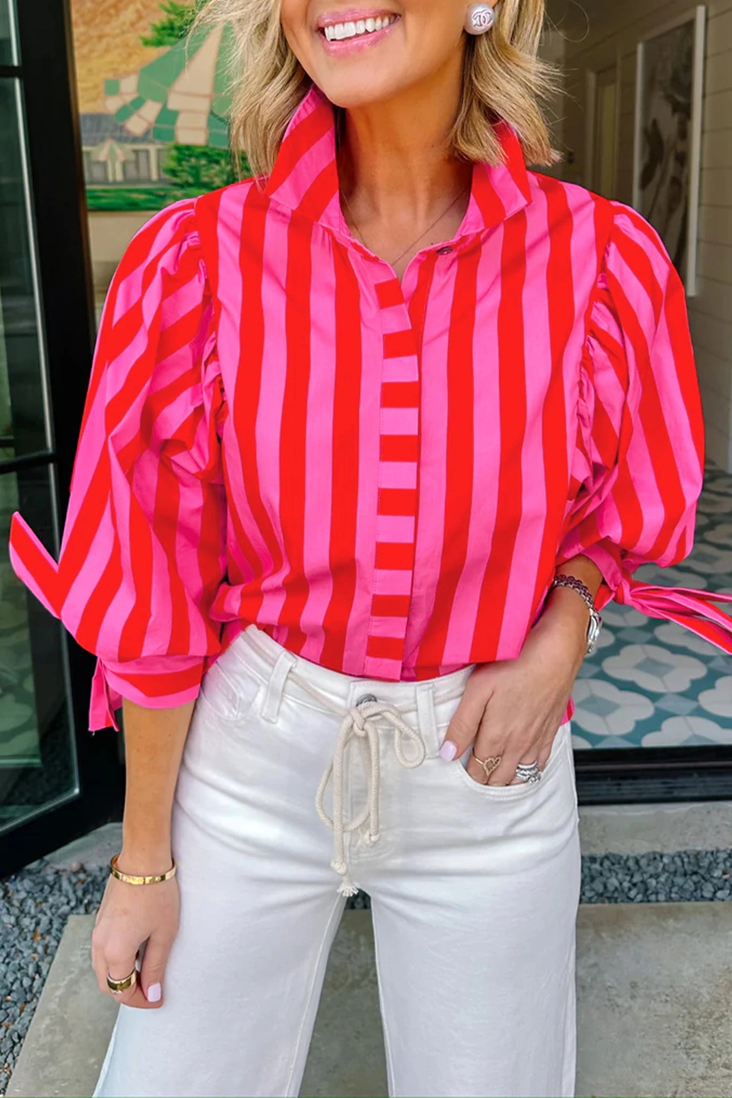 Rosalie Stripe Tie Sleeve Blouse