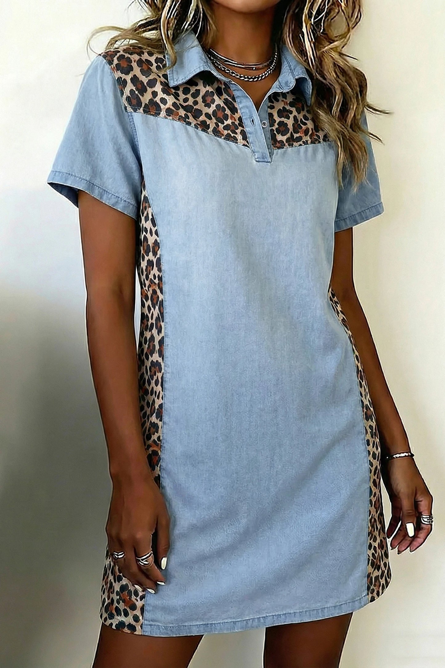 Dakota Leopard Patchwork Denim Short Dress