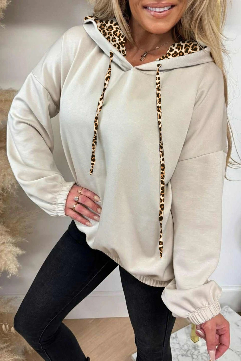 Sienna Leopard Drawstring Soft Beige Hoodie