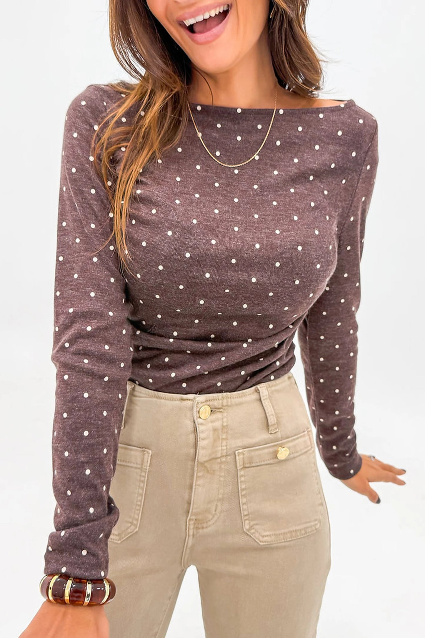 Vintage Dark Brown Polka Dot Boat Neck Long Sleeve Top