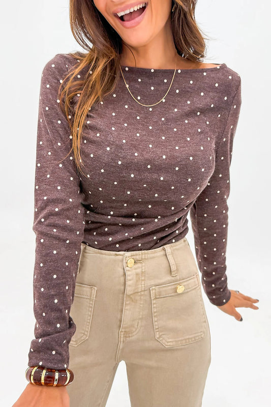 Vintage Dark Brown Polka Dot Boat Neck Long Sleeve Top