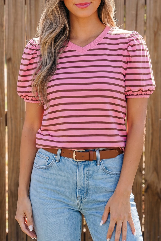 Pink Macaron Stripe V-neck Top
