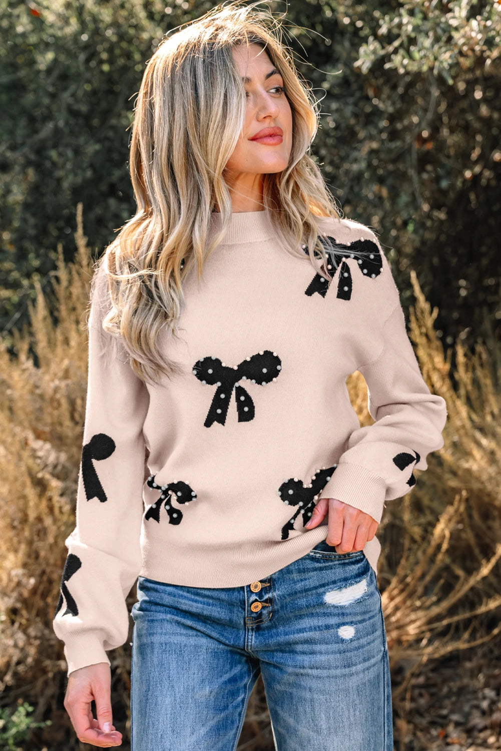 Pearl Bow Elegance Knit Sweater
